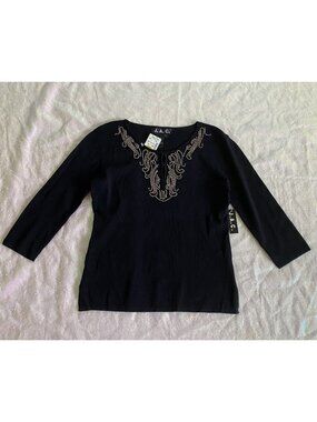 J.A.C. Womens Large Black Rhinestone Neckline 3/4 Sleeve Top New w DEFECTS